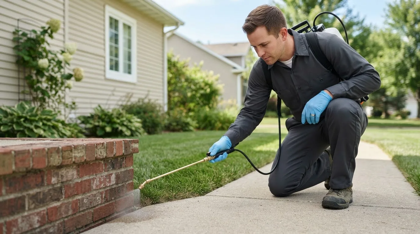 Pest control technician treating a home near Davis City, IA