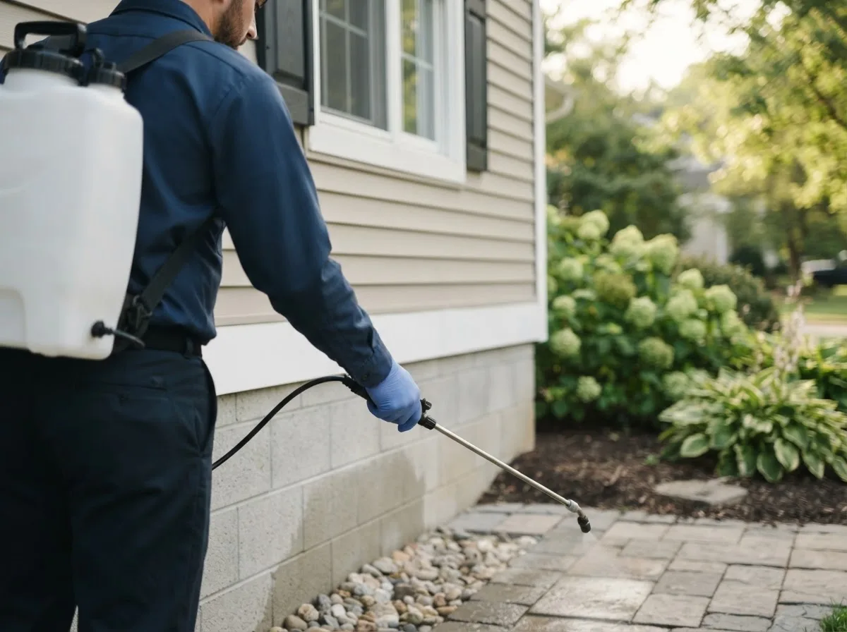 Pest control technician inspecting a home in Davis City, IA